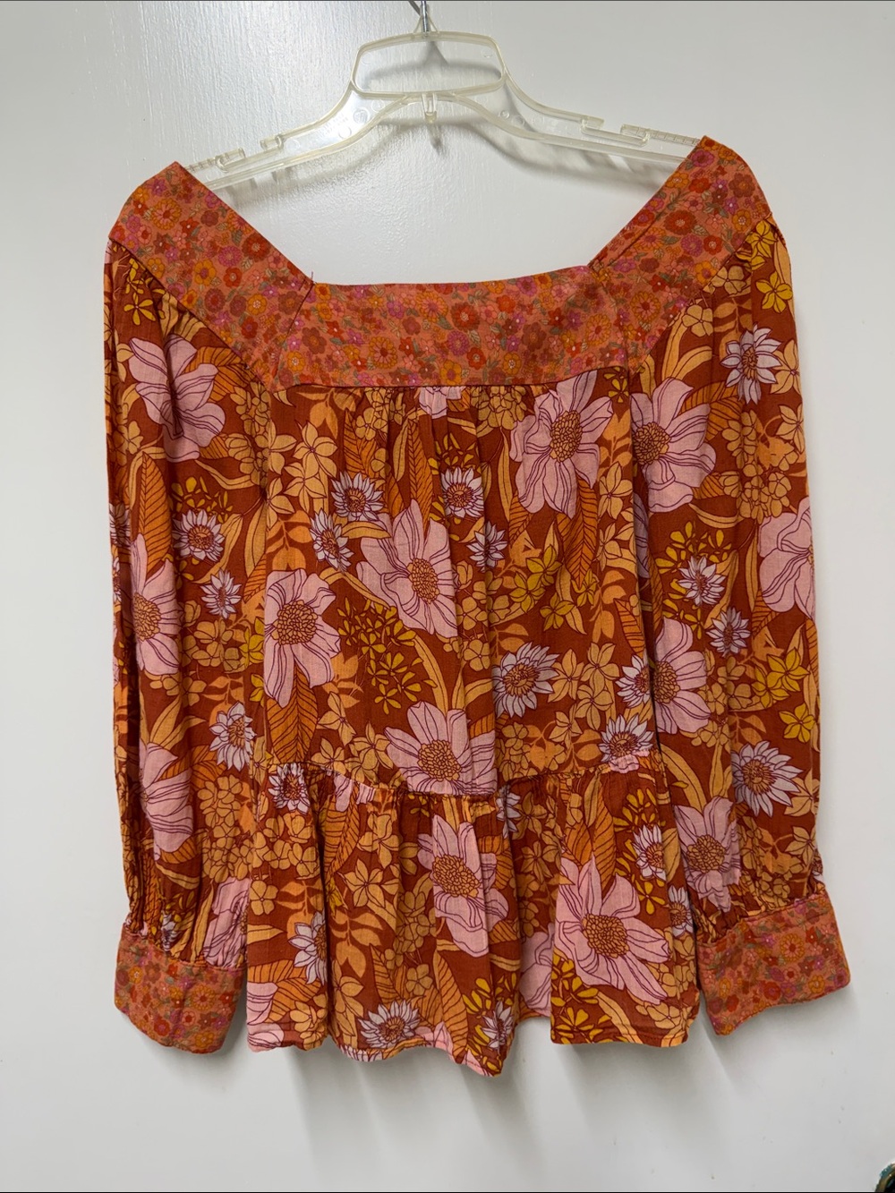 American Eagle Outfitters Rust and Pink Floral Peasant Blouse